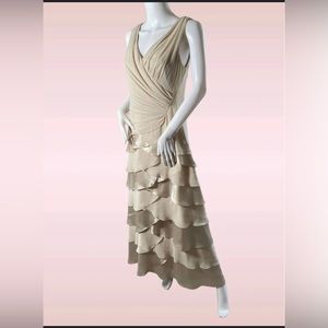 JS Boutique Cream Layered Ruffle V-Neck Evening Gown